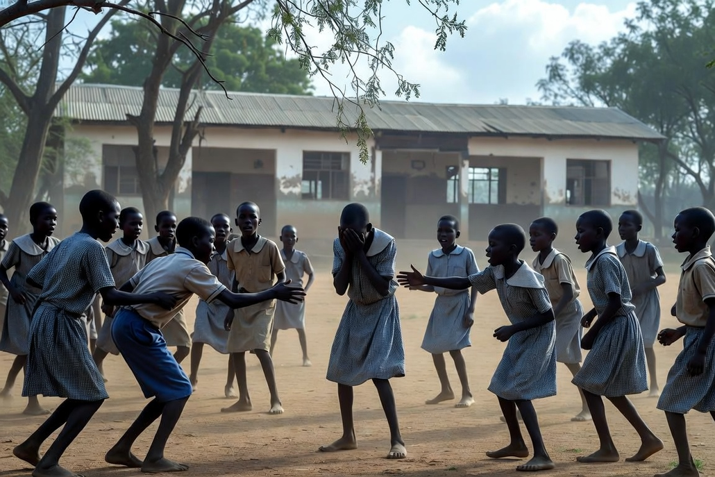 Cour d’école : des élèves en uniforme entourent un camarade qui se cache le visage, scène pouvant évoquer un jeu ou une forme de violence entre pairs.