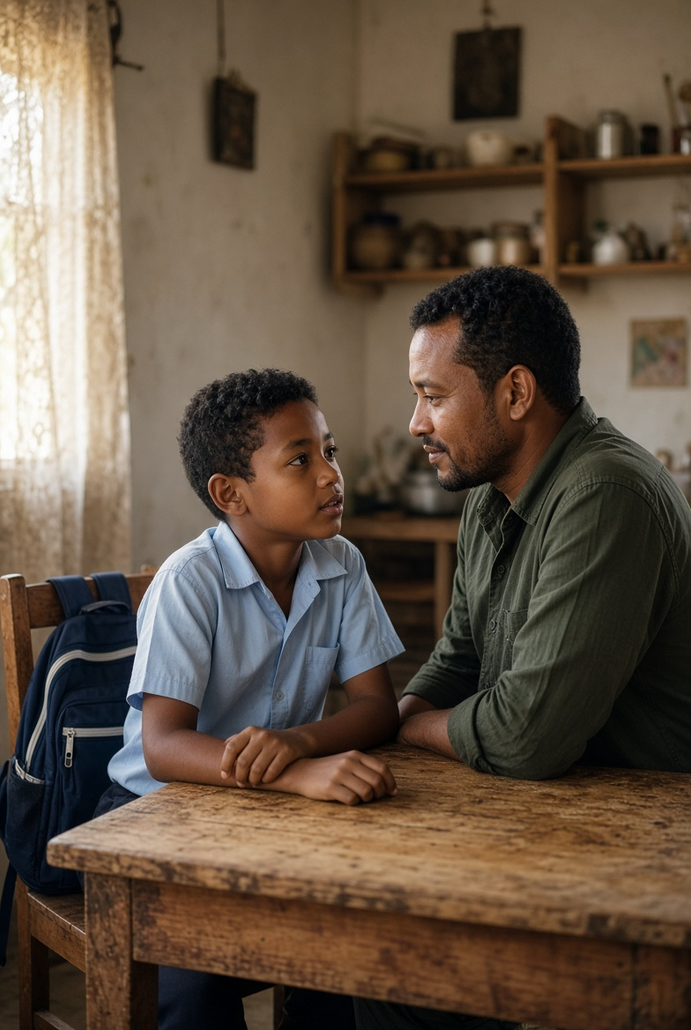 Père et fils assis à une table en bois, en conversation calme ; le cartable de l’enfant est posé sur la chaise.