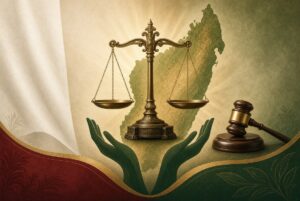Illustration symbolique de la justice et des droits humains à Madagascar : une balance de la justice en bronze posée au centre, soutenue par deux mains ouvertes, avec la silhouette de l’île de Madagascar en arrière-plan, un maillet de juge à droite et les couleurs du drapeau malgache (blanc, rouge, vert).