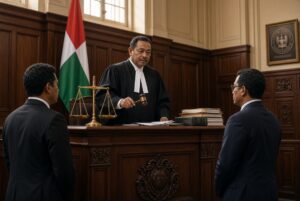 Tribunal malgache : juge en robe appliquant la justice pénale dans une affaire de traite des êtres humains