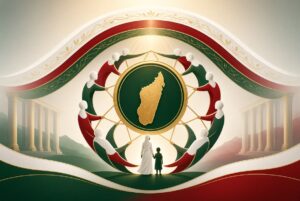 Illustration institutionnelle : un bouclier protecteur centré sur la silhouette de Madagascar, entouré de silhouettes de responsables publics unis, avec une femme et un enfant protégés sous une lumière collective, aux couleurs du drapeau malgache.