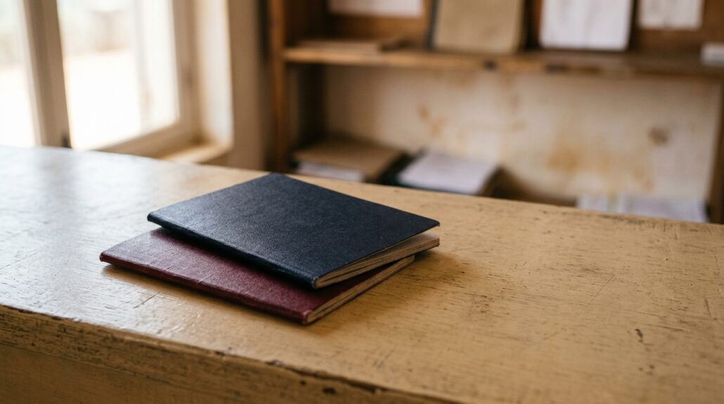 Deux carnets fermés, l’un bordeaux l’autre bleu nuit, posés l’un sur l’autre sur un comptoir en bois clair