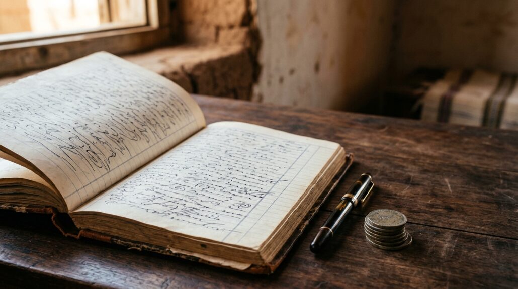 Registre manuscrit ouvert sur une table en bois, un stylo plume et une pile de pièces de monnaie posés à côté