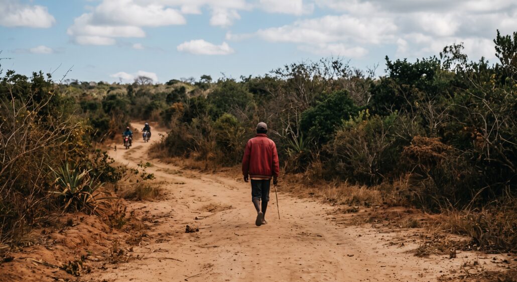 Paysage rural désert de Madagascar, une piste en terre où marche un homme seul de dos, symbolisant l'insécurité et la vulnérabilité face aux réseaux de kidnapping.